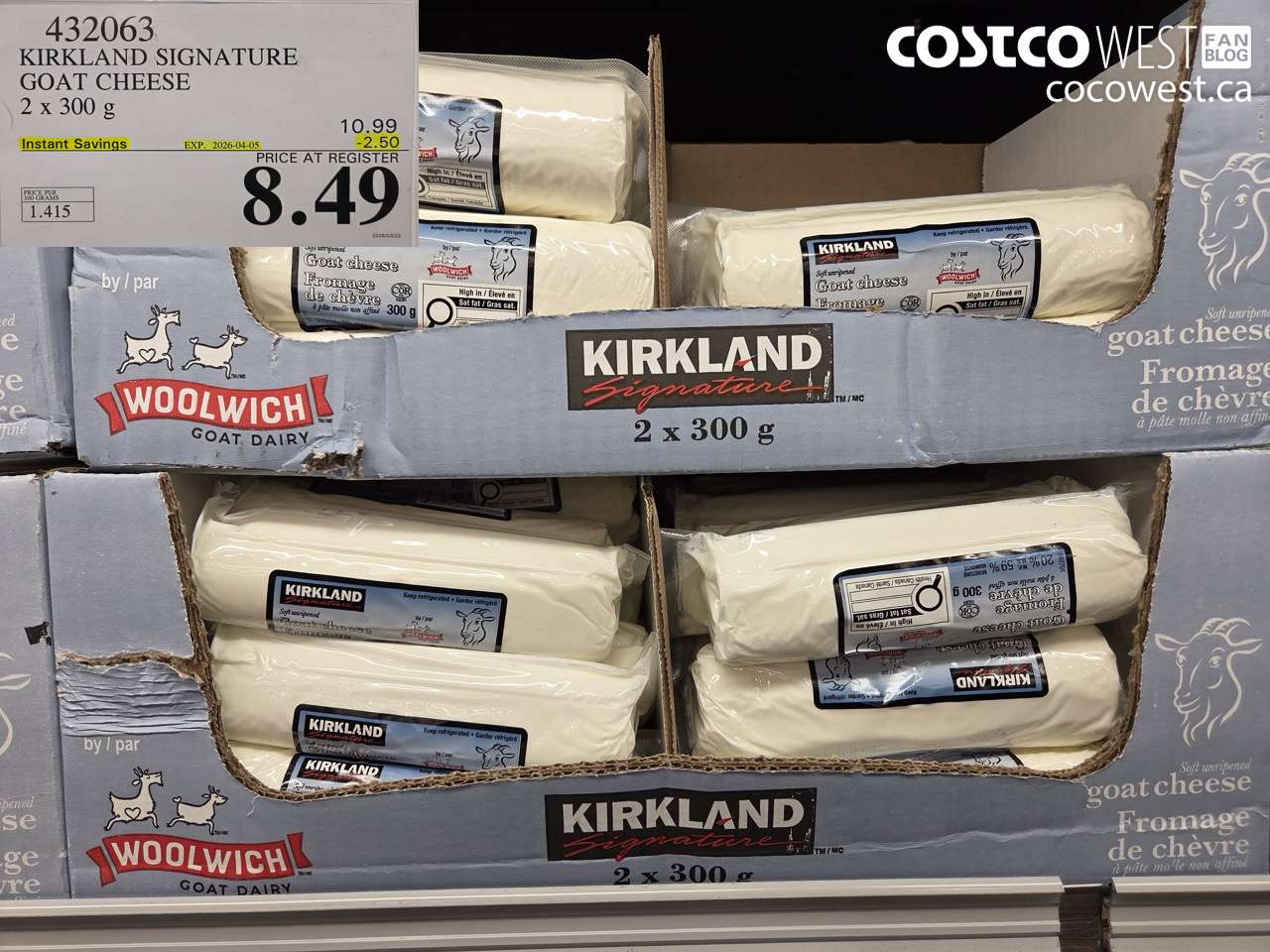 432063 KIRKLAND SIGNATURE GOAT CHEESE 2 X 300 G ($2.50 INSTANT SAVINGS EXPIRES ON 2026-04-05) $8.49