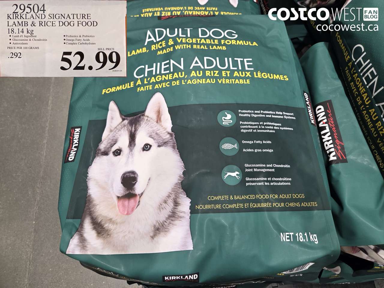 29504 KIRKLAND SIGNATURE LAMB & RICE DOG FOOD 18.14KG $52.99