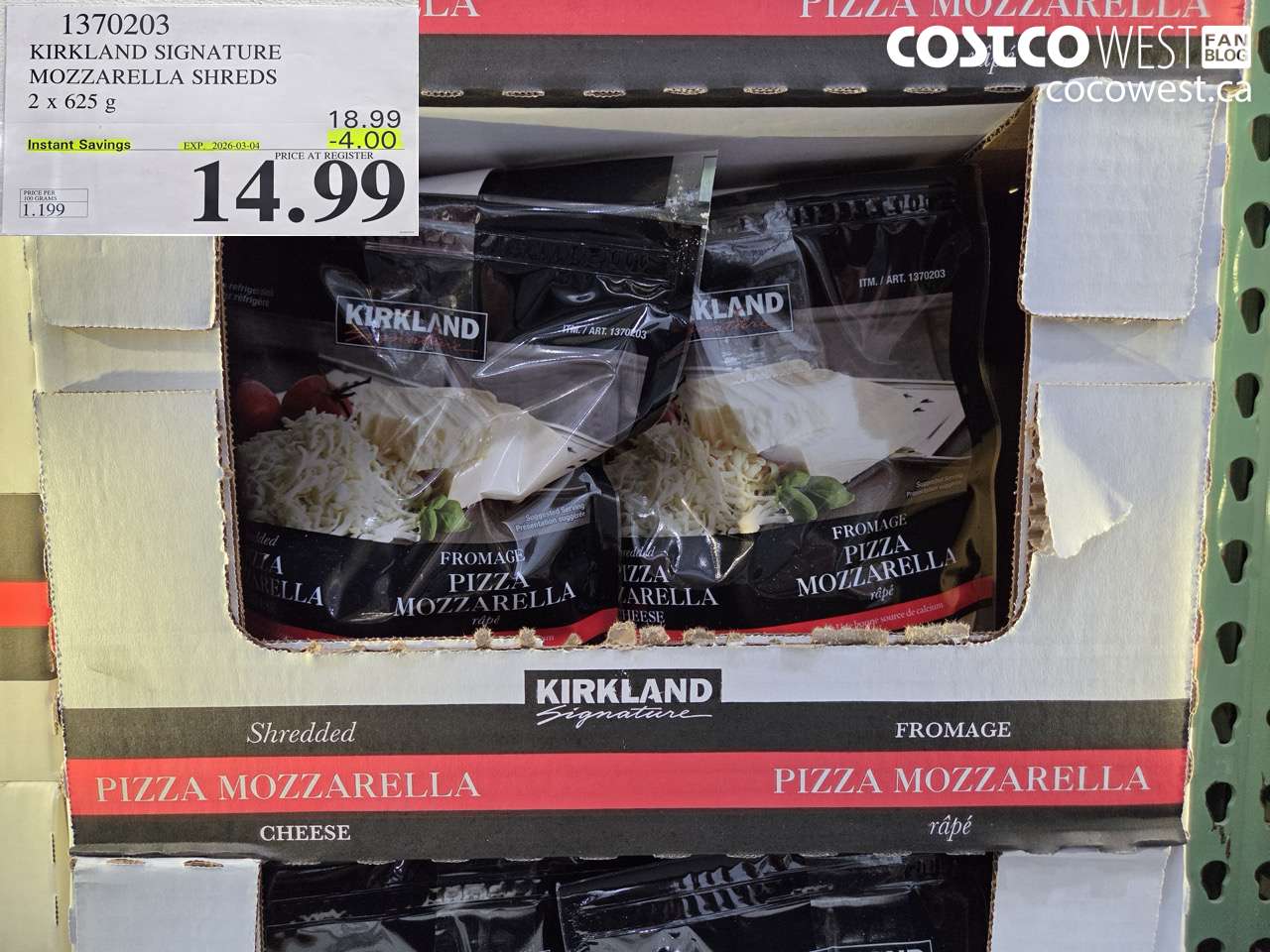 1370203 KIRKLAND SIGNATURE MOZZARELLA SHREDS 2 X 625 G ($4.00 INSTANT SAVINGS EXPIRES ON 2026-03-04) $14.99