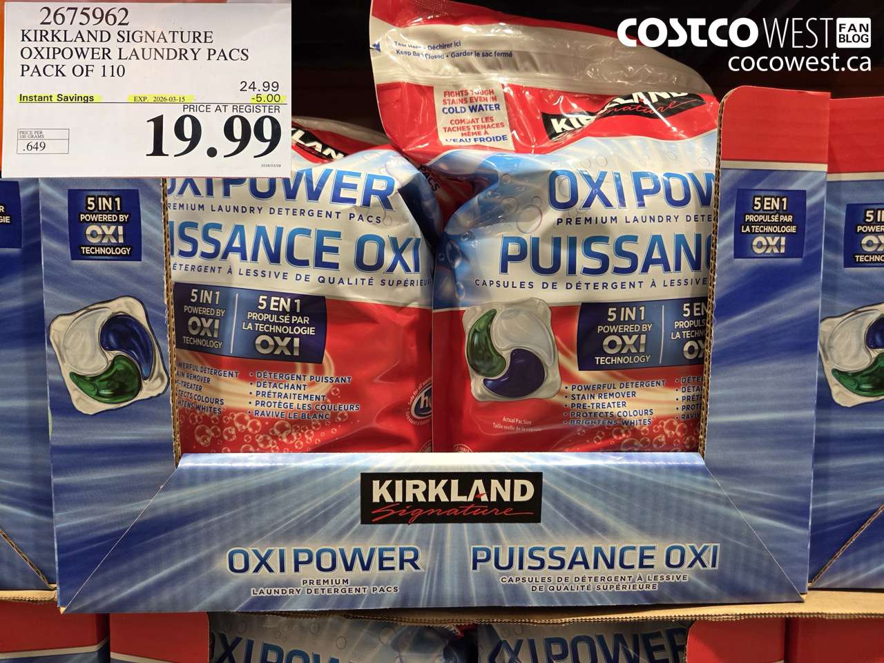 2675962 KIRKLAND SIGNATURE OXIPOWER LAUNDRY PACS PACK OF 110 ($5.00 INSTANT SAVINGS EXPIRES ON 2026-03-15) $19.99