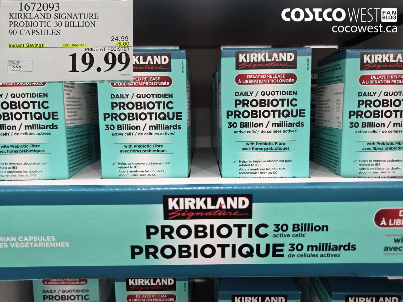 1672093 KIRKLAND SIGNATURE PROBIOTIC 30 BILLION 90 CAPSULES ($5.00 INSTANT SAVINGS EXPIRES ON 2026-03-15) $19.99
