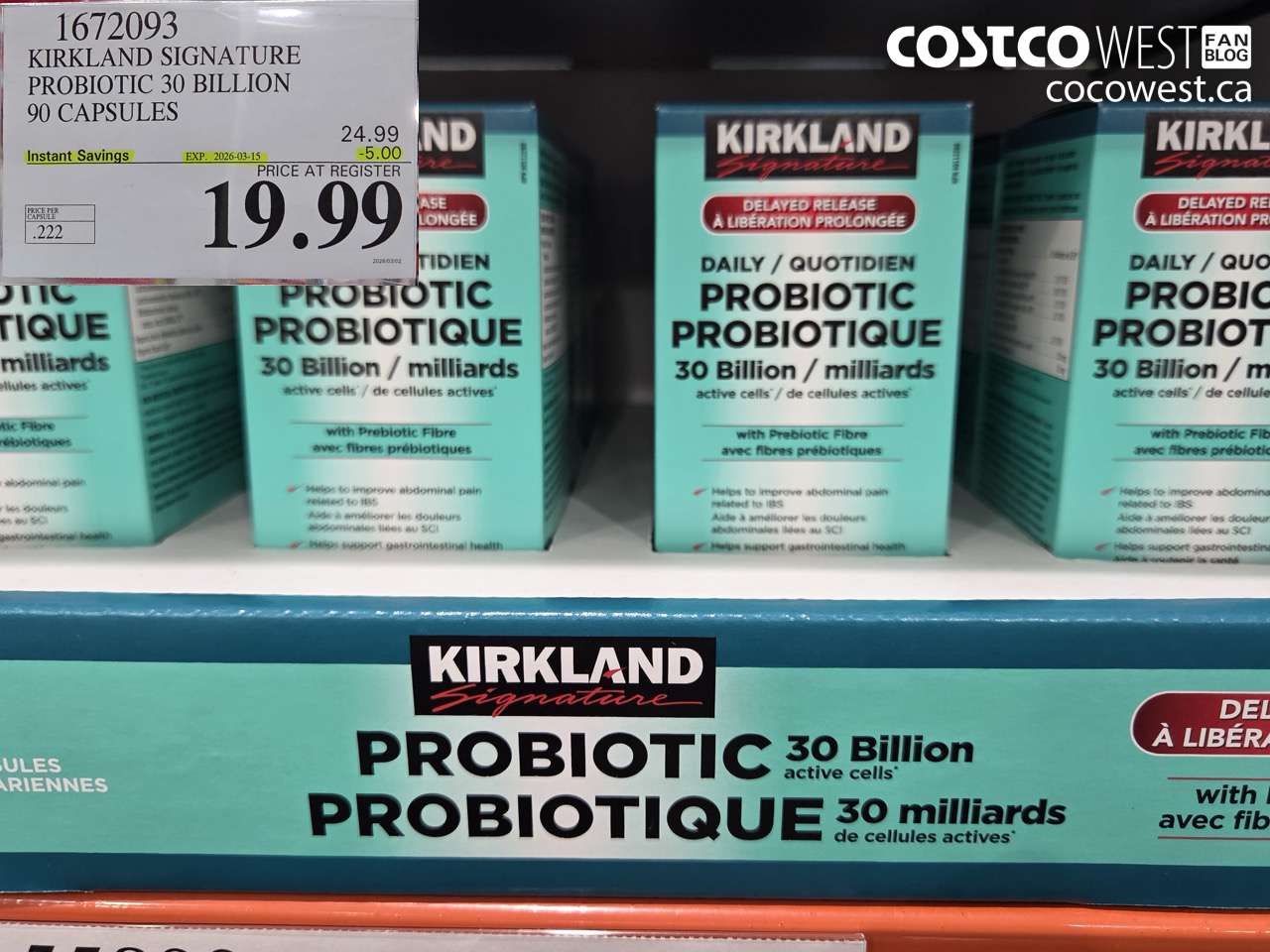 1672093 KIRKLAND SIGNATURE PROBIOTIC 30 BILLION 90 CAPSULES ($5.00 INSTANT SAVINGS EXPIRES ON 2026-03-15) $19.99