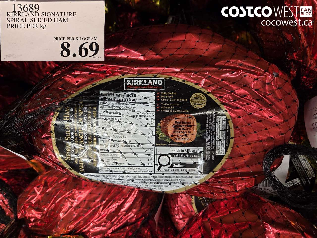 13689 KIRKLAND SIGNATURE SPIRAL SLICED HAM PRICE PER KG $8.69