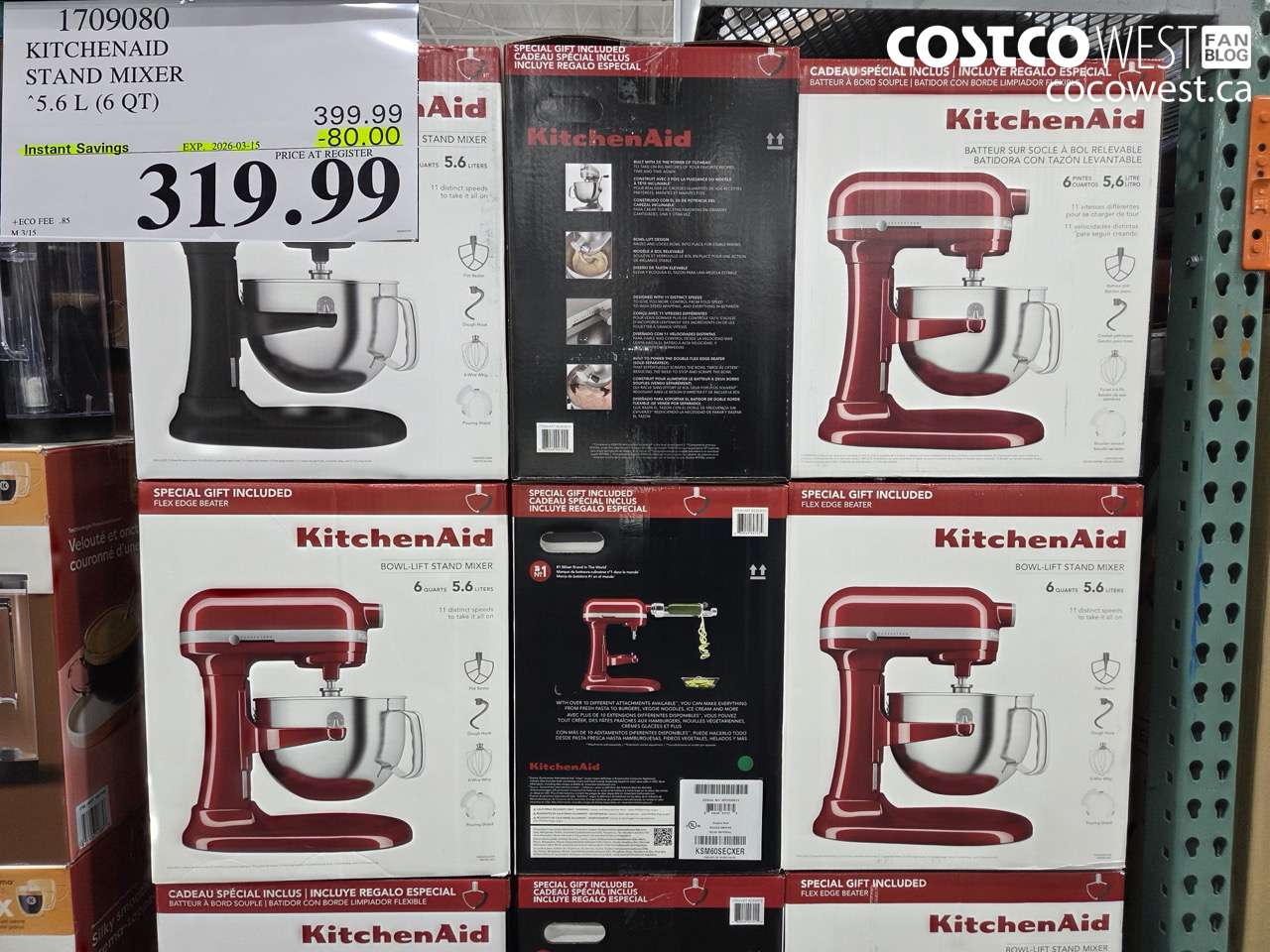 1709080 KITCHENAID STAND MIXER 5.6 L (6 QT) ($80.00 INSTANT SAVINGS EXPIRES ON 2026-03-15) $319.99