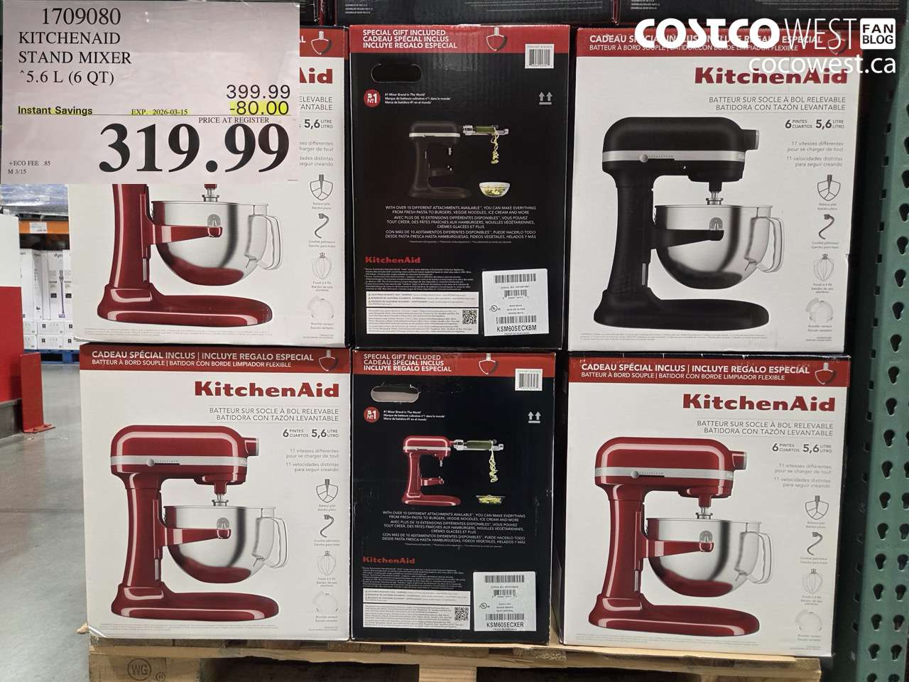 1709080 KITCHENAID STAND MIXER 5.6 L (6 QT) ($80.00 INSTANT SAVINGS EXPIRES ON 2026-03-15) $319.99