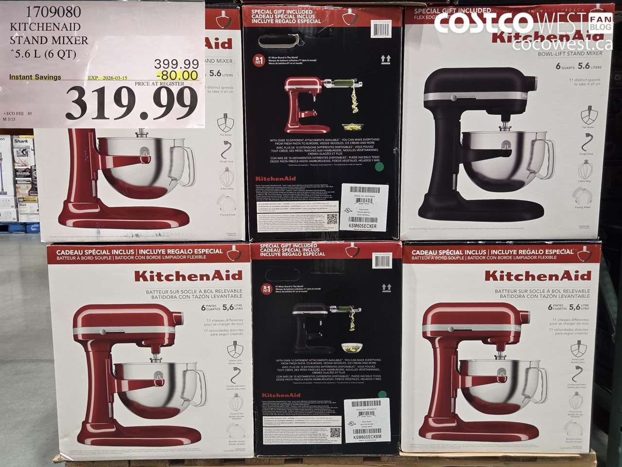 1709080 KITCHENAID STAND MIXER 5.6 L (6 QT) ($80.00 INSTANT SAVINGS EXPIRES ON 2026-03-15) $319.99