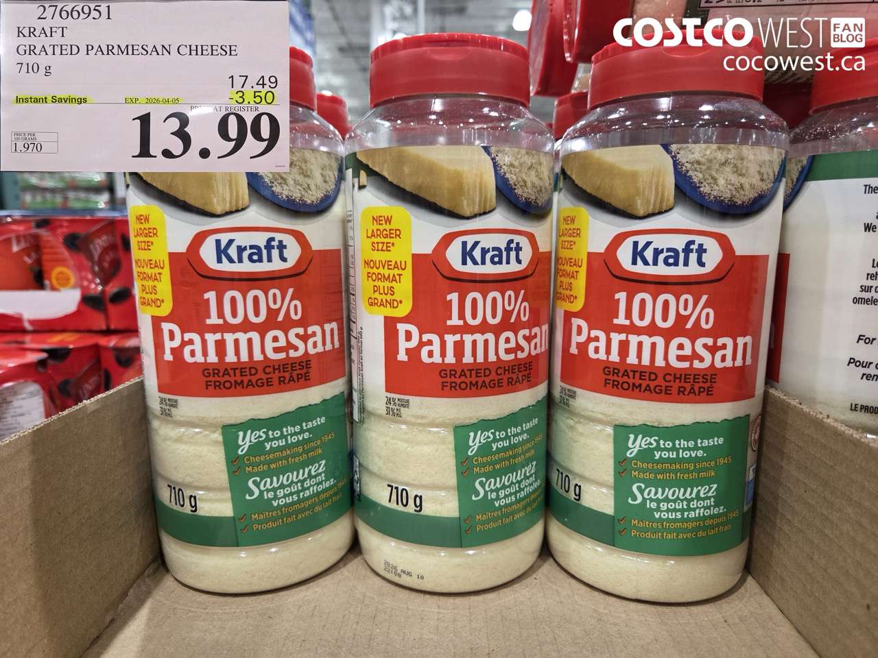 2766951 KRAFT GRATED PARMESAN CHEESE 710 G ($3.50 INSTANT SAVINGS EXPIRES ON 2026-04-05) $13.99