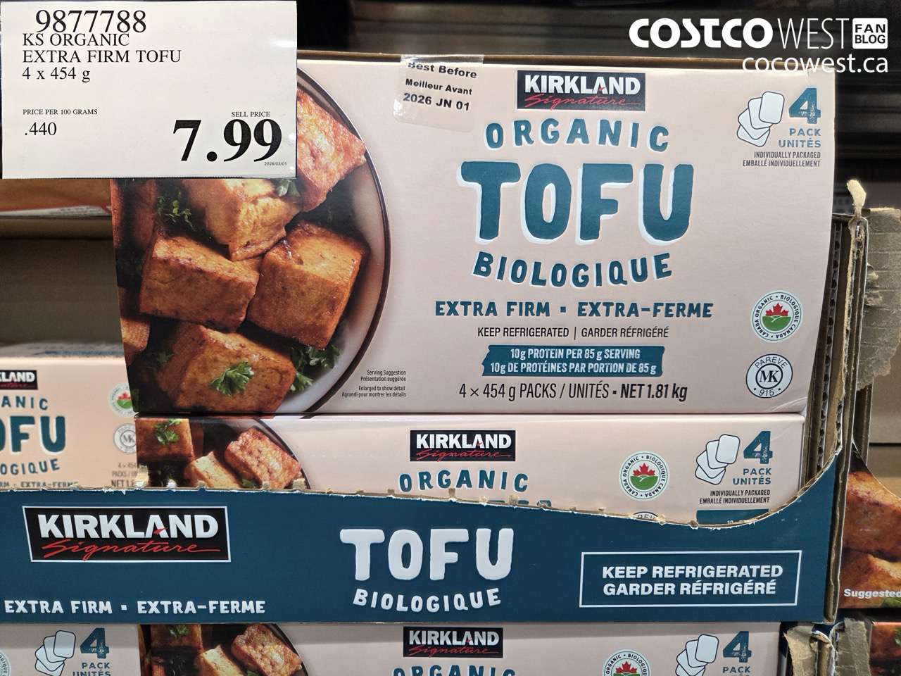 9877788 KS ORGANIC EXTRA FIRM TOFU 4 X 454 G $7.99