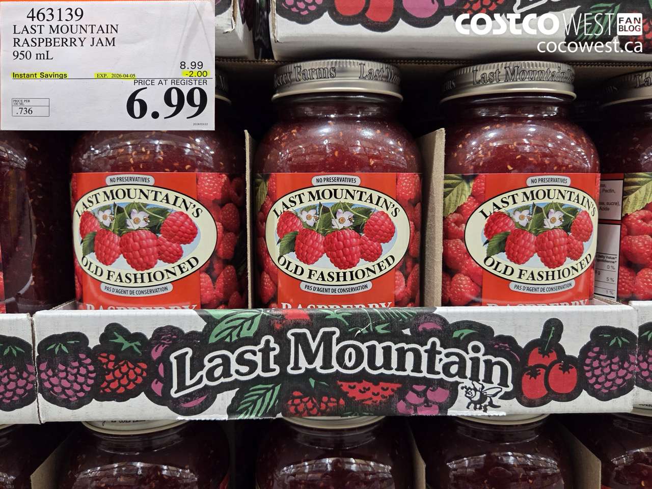 463139 LAST MOUNTAIN RASPBERRY JAM 950 ML ($2.00 INSTANT SAVINGS EXPIRES ON 2026-04-05) $6.99