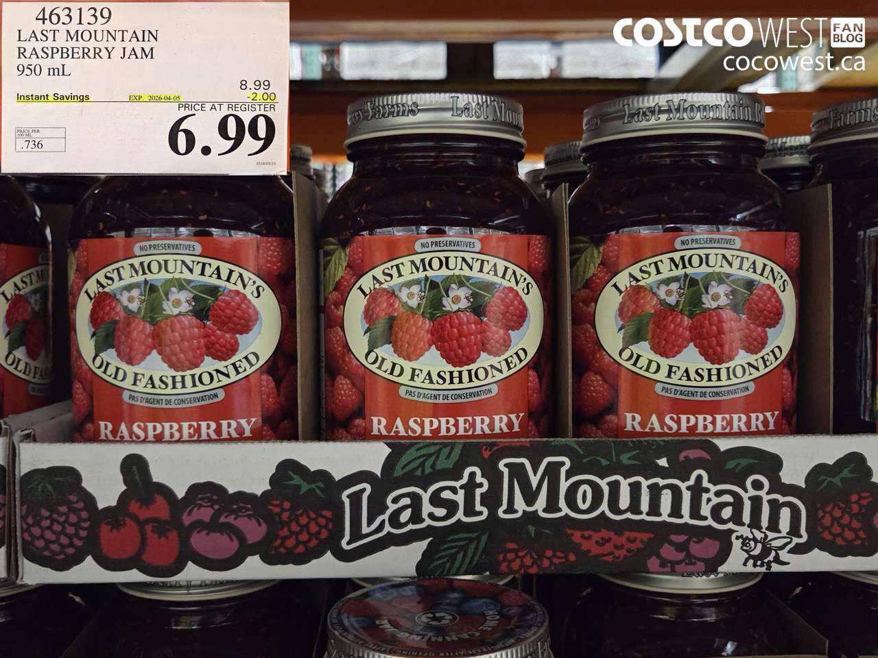 463139 LAST MOUNTAIN RASPBERRY JAM 950 ML ($2.00 INSTANT SAVINGS EXPIRES ON 2026-04-05) $6.99