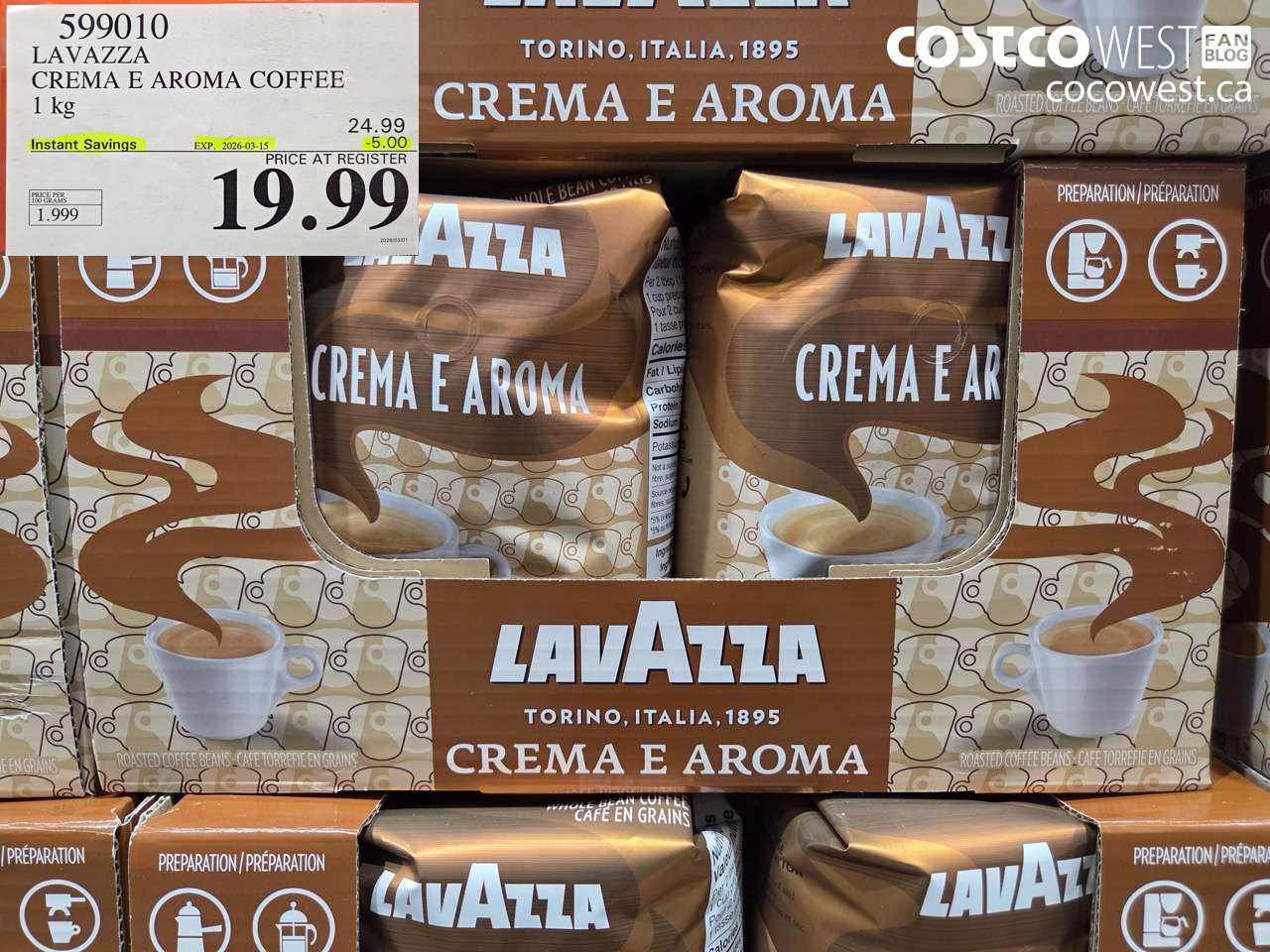 599010 LAVAZZA CREMA E AROMA COFFEE 1 KG ($5.00 INSTANT SAVINGS EXPIRES ON 2026-03-15) $19.99