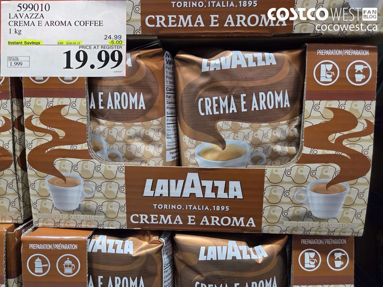 599010 LAVAZZA CREMA E AROMA COFFEE 1 KG ($5.00 INSTANT SAVINGS EXPIRES ON 2026-03-15) $19.99
