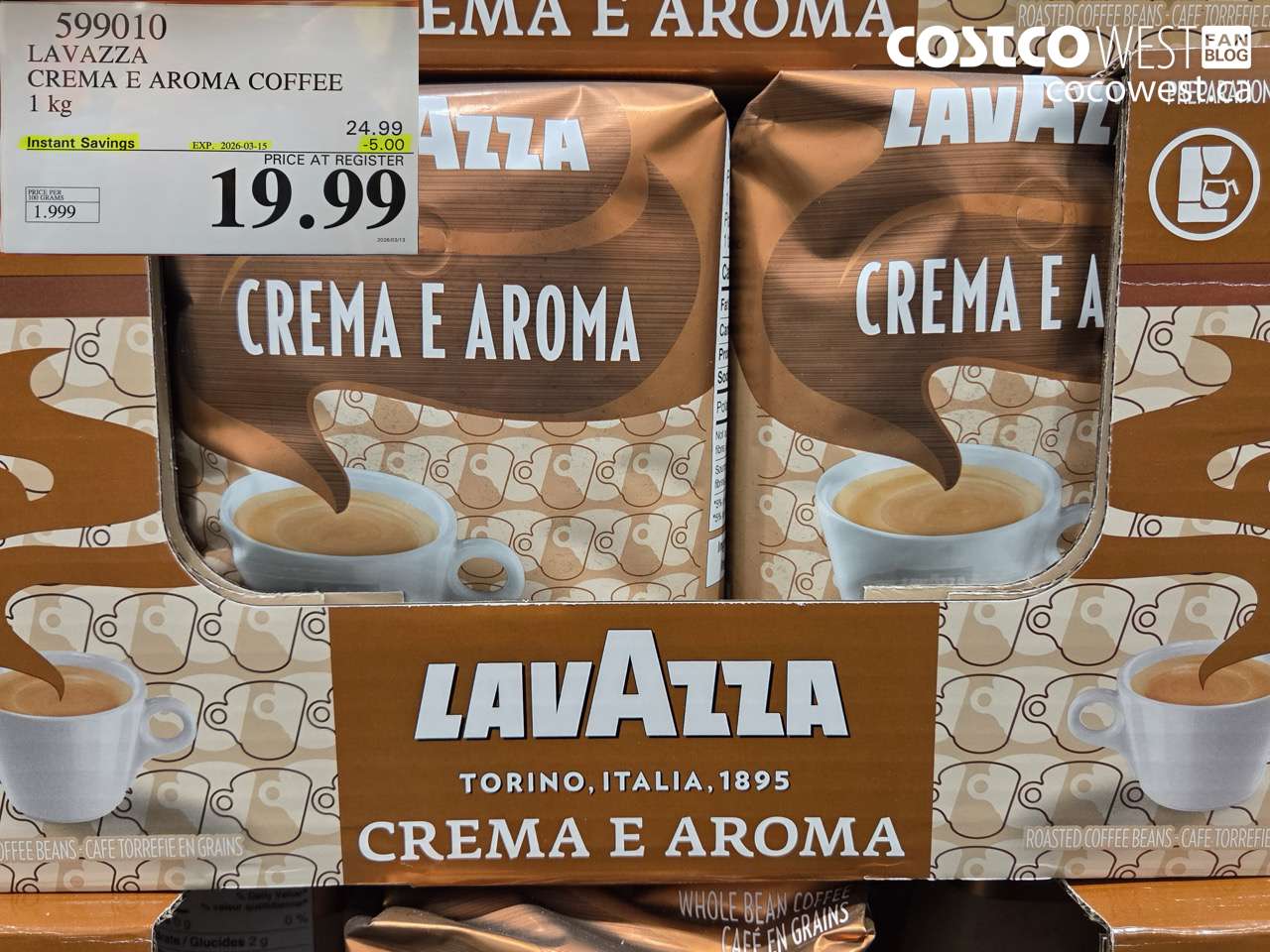 599010 LAVAZZA CREMA E AROMA COFFEE 1 KG ($5.00 INSTANT SAVINGS EXPIRES ON 2026-03-15) $19.99