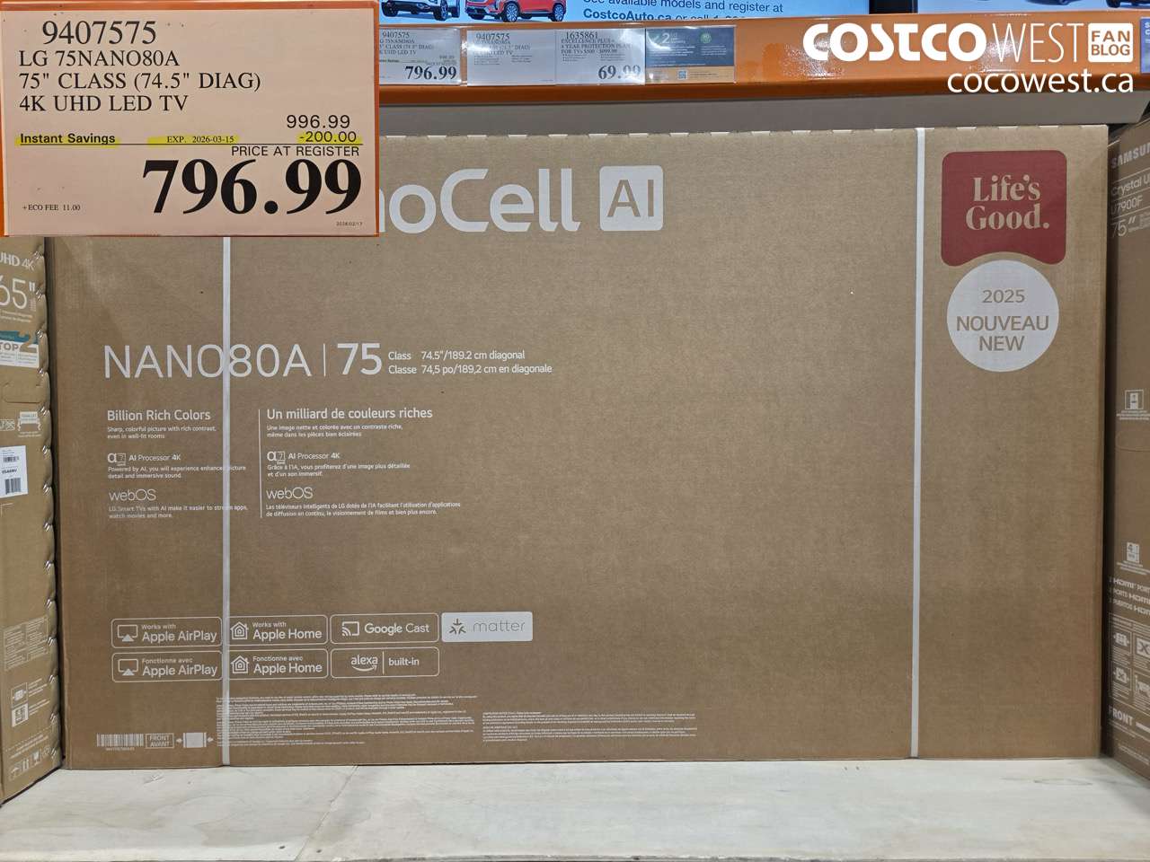 9407575 LG 75NANO80A 75 CLASS (74.5 DIAG) 4K UHD LED TV ($200.00 INSTANT SAVINGS EXPIRES ON 2026-03-15) $796.99