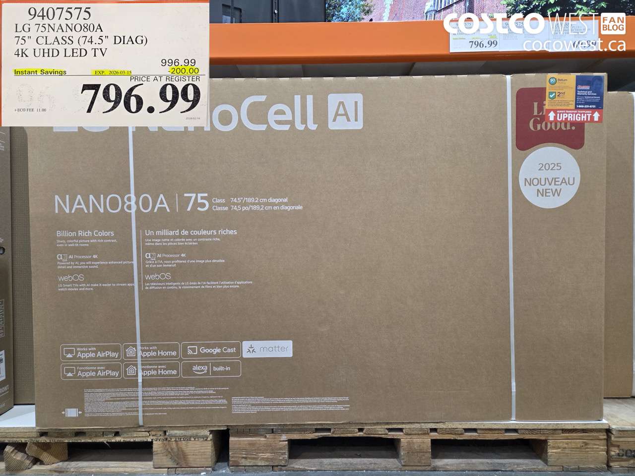 9407575 LG 75NANO80A 75 INCH CLASS (74.5 INCH DIAG) 4K UHD LED TV ($200.00 INSTANT SAVINGS EXPIRES ON 2026-03-15) $796.99