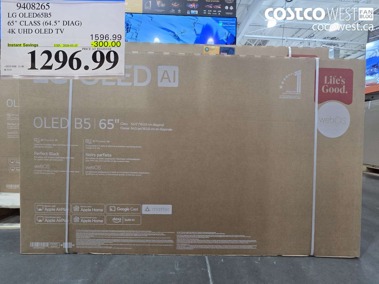 9408265 LG OLED65B5 65 CLASS (64.5 DIAG) 4K UHD OLED TV ($300.00 INSTANT SAVINGS EXPIRES ON 2026-03-15) $1296.99