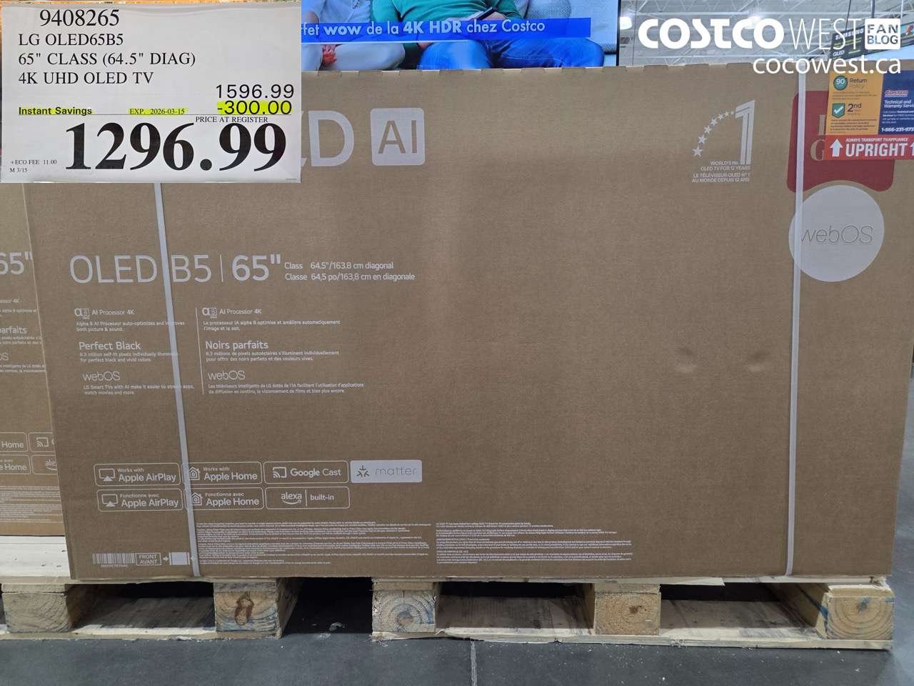 9408265 LG OLED65B5 65 CLASS (64.5 DIAG) 4K UHD OLED TV ($300.00 INSTANT SAVINGS EXPIRES ON 2026-03-15) $1296.99