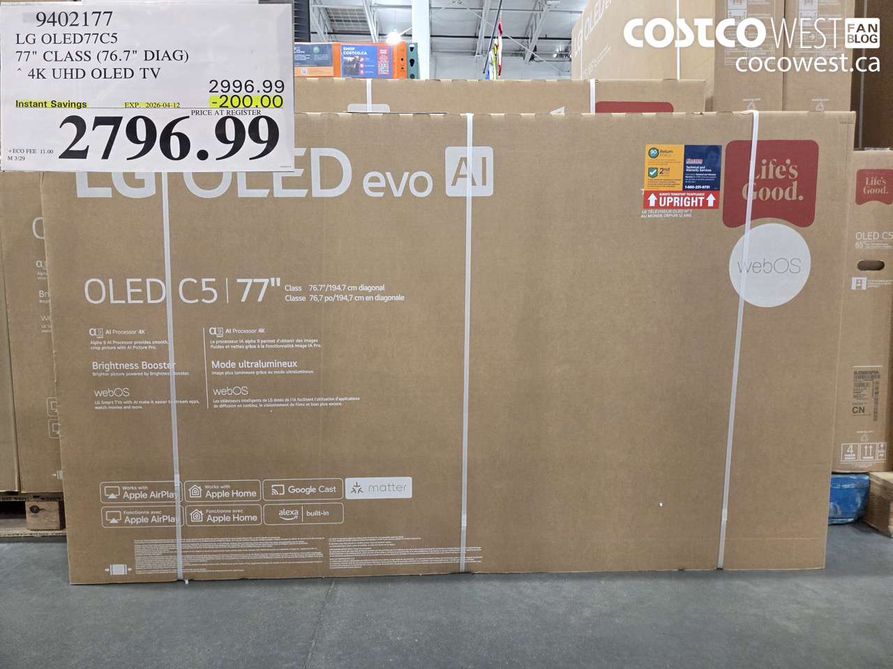 9402177 LG OLED77CS 77 CLASS (76.7 DIAG) 4K UHD OLED TV ($200.00 INSTANT SAVINGS EXPIRES ON 2026-04-12) $2796.99