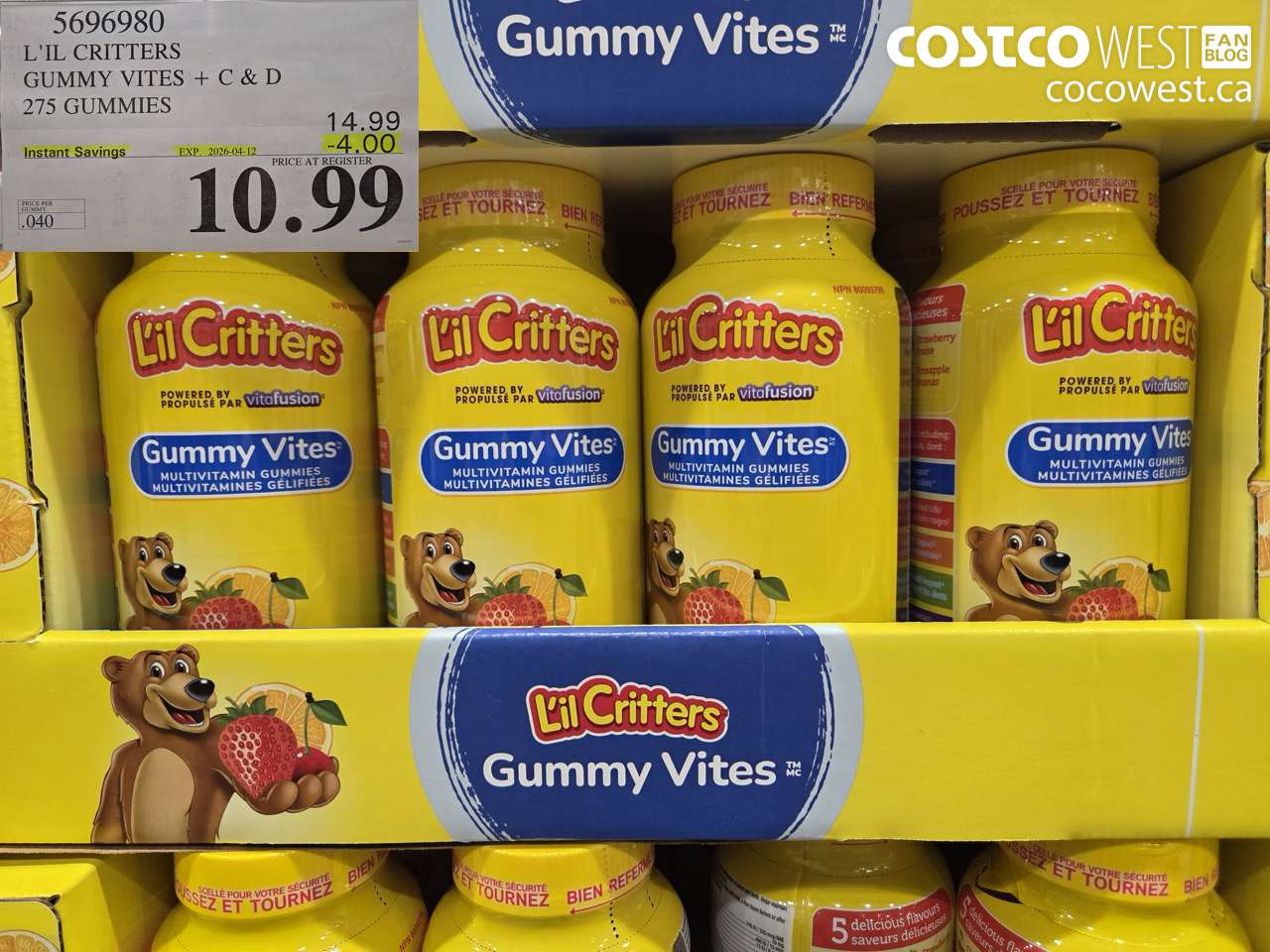5696980 L'IL CRITTERS GUMMY VITES + C & D 275 GUMMIES ($4.00 INSTANT SAVINGS EXPIRES ON 2026-04-12) $10.99