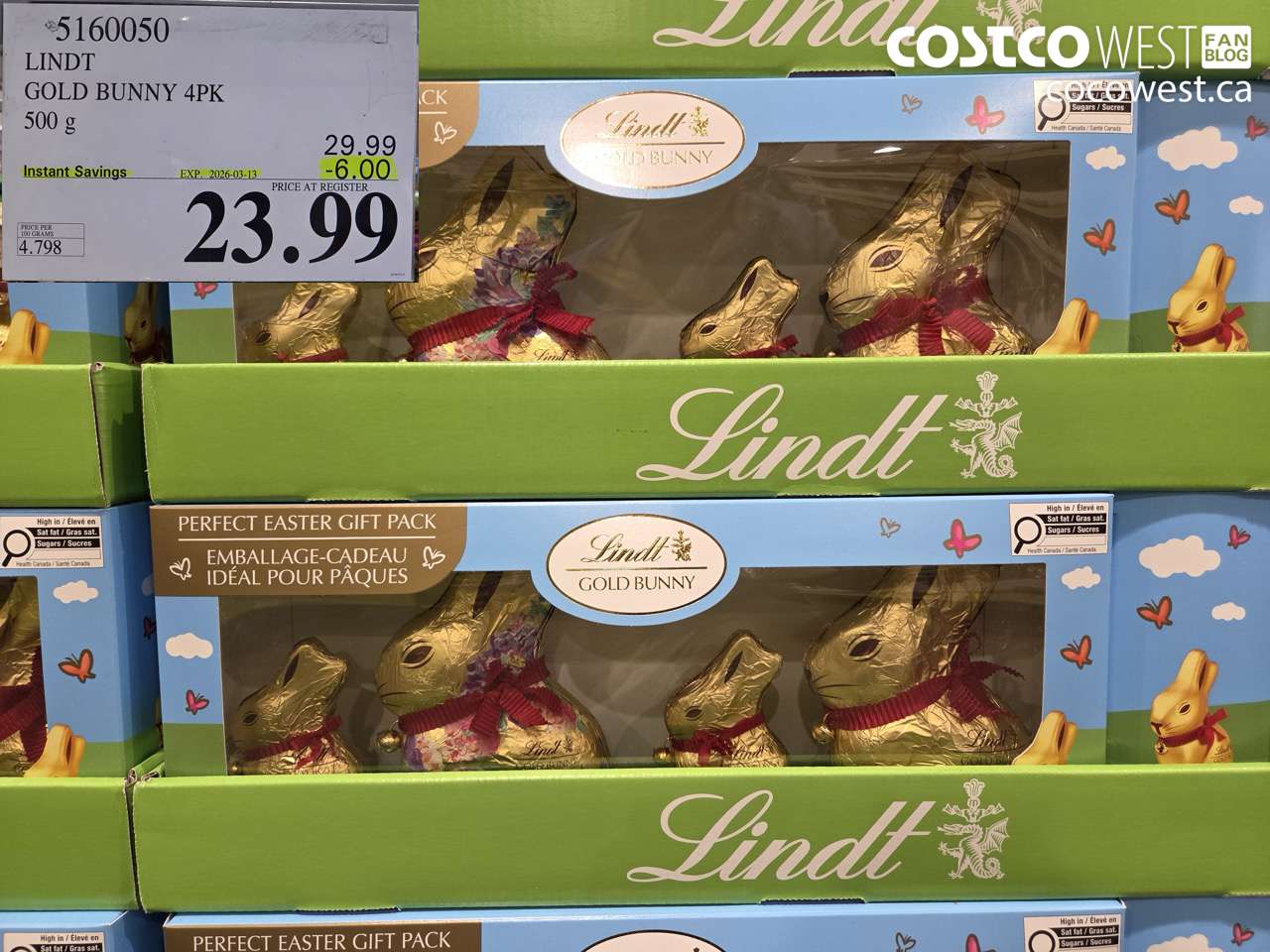 5160050 LINDT GOLD BUNNY 4PK 500 G ($6.00 INSTANT SAVINGS EXPIRES ON 2026-03-13) $23.99
