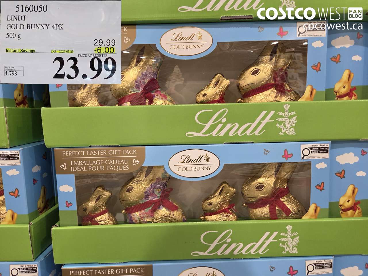 5160050 LINDT GOLD BUNNY 4PK 500 G ($6.00 INSTANT SAVINGS EXPIRES ON 2026-03-29) $23.99