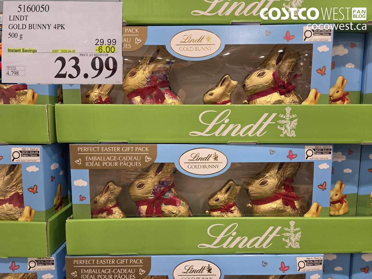 5160050 LINDT GOLD BUNNY 4PK 500 G ($6.00 INSTANT SAVINGS EXPIRES ON 2026-04-05) $23.99