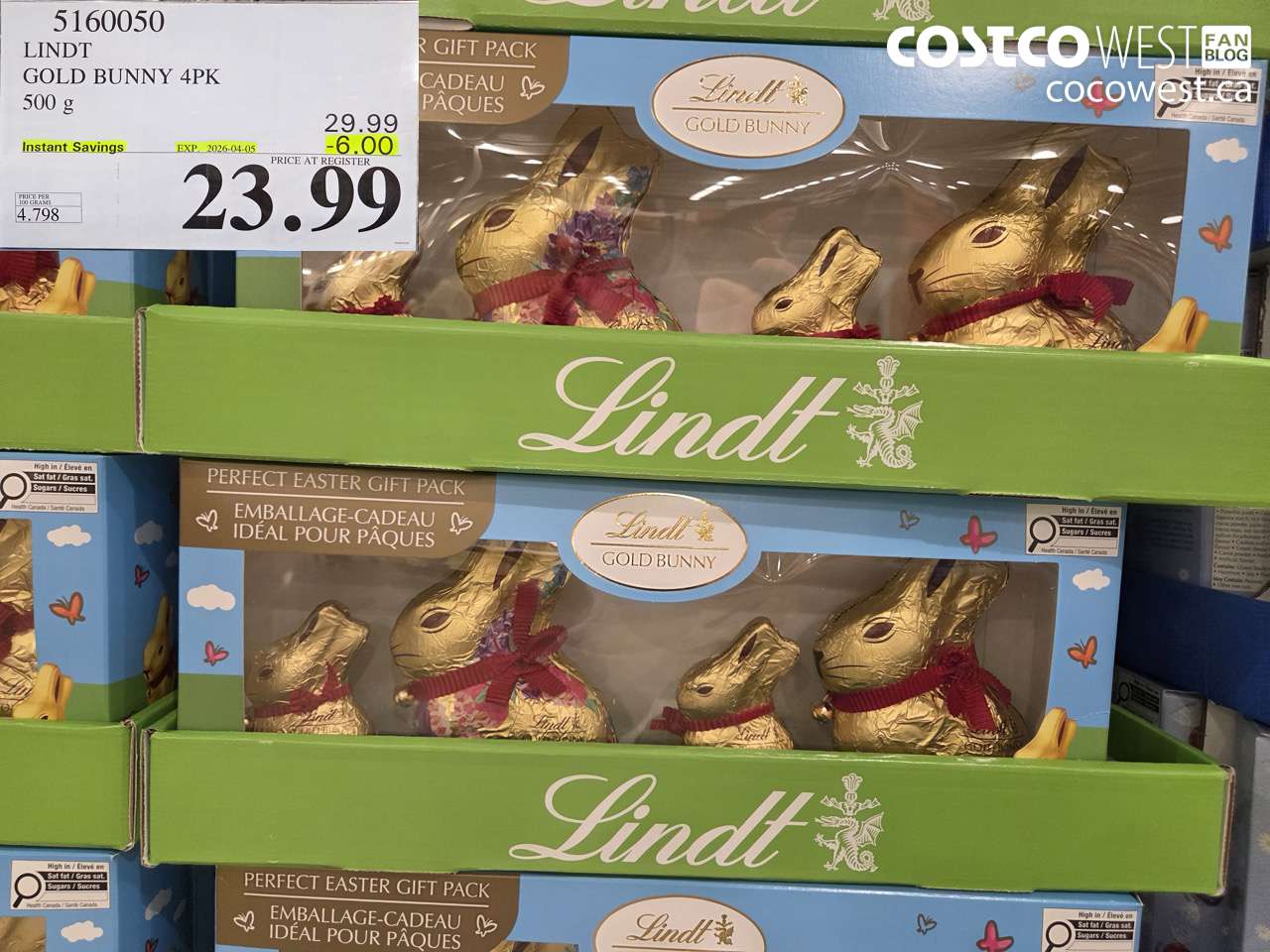 5160050 LINDT GOLD BUNNY 4PK 500 G ($6.00 INSTANT SAVINGS EXPIRES ON 2026-04-05) $23.99