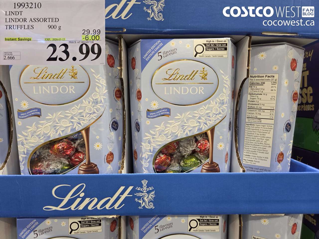 1993210 LINDT LINDOR ASSORTED TRUFFLES 900 G ($6.00 INSTANT SAVINGS EXPIRES ON 2026-03-15) $23.99