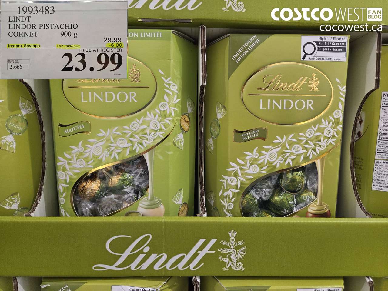 1993483 LINDT LINDOR PISTACHIO CORNET 900G ($6.00 INSTANT SAVINGS EXPIRES ON 2026-03-22) $23.99