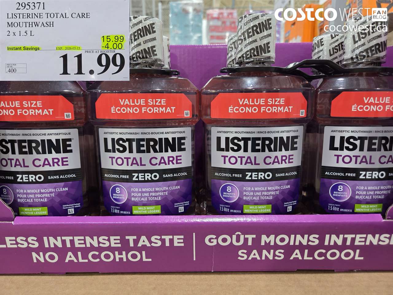 295371 LISTERINE TOTAL CARE MOUTHWASH 2 X 1.5 L ($4.00 INSTANT SAVINGS EXPIRES ON 2026-03-15) $11.99