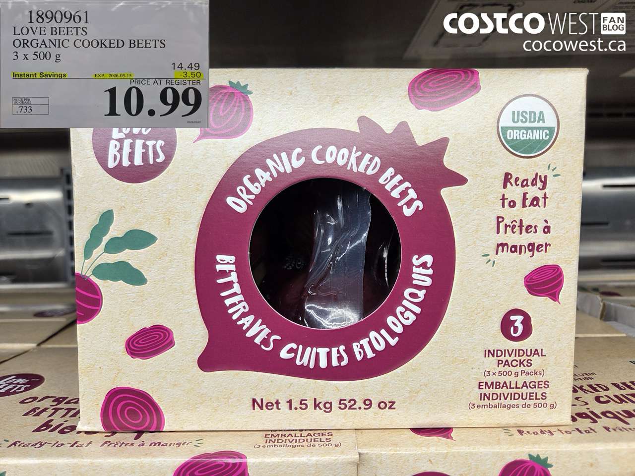 1890961 LOVE BEETS ORGANIC COOKED BEETS 3 X 500 G ($3.50 INSTANT SAVINGS EXPIRES ON 2026-03-15) $10.99