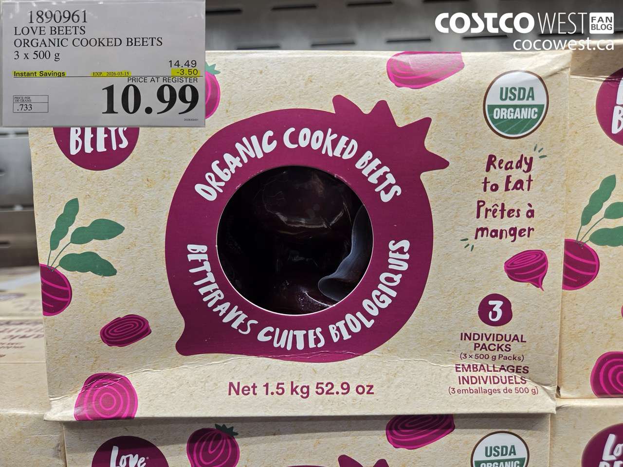 1890961 LOVE BEETS ORGANIC COOKED BEETS 3 X 500 G ($3.50 INSTANT SAVINGS EXPIRES ON 2026-03-15) $10.99