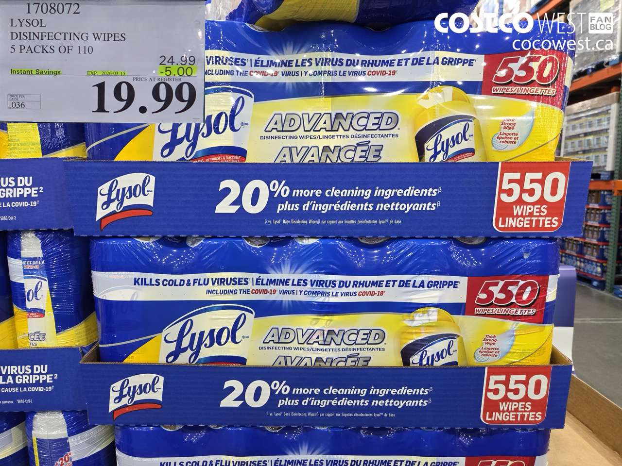 1708072 LYSOL DISINFECTING WIPES 5 PACKS OF 110 ($5.00 INSTANT SAVINGS EXPIRES ON 2026-03-15) $19.99