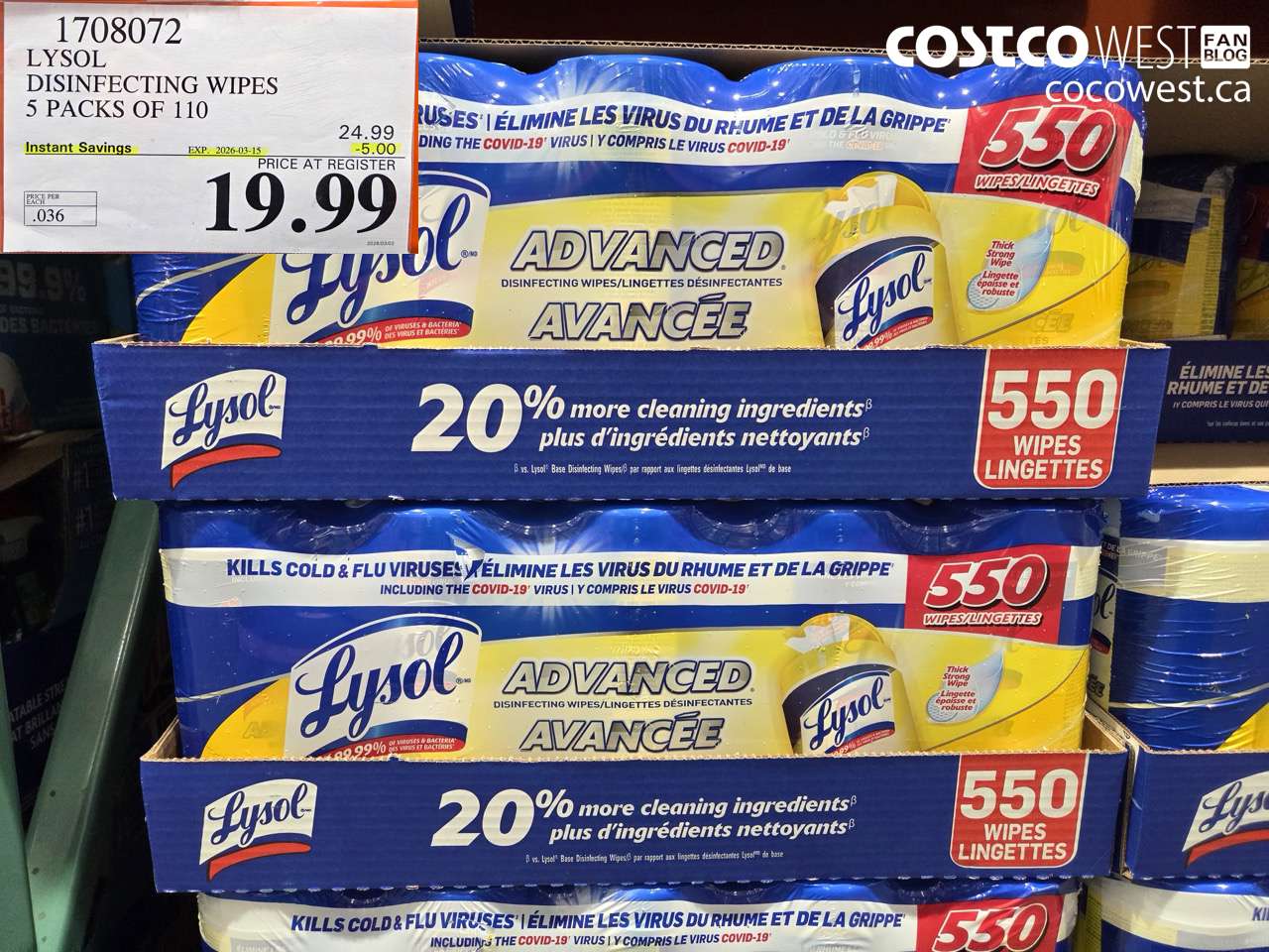 1708072 LYSOL DISINFECTING WIPES 5 PACKS OF 110 ($5.00 INSTANT SAVINGS EXPIRES ON 2026-03-15) $19.99