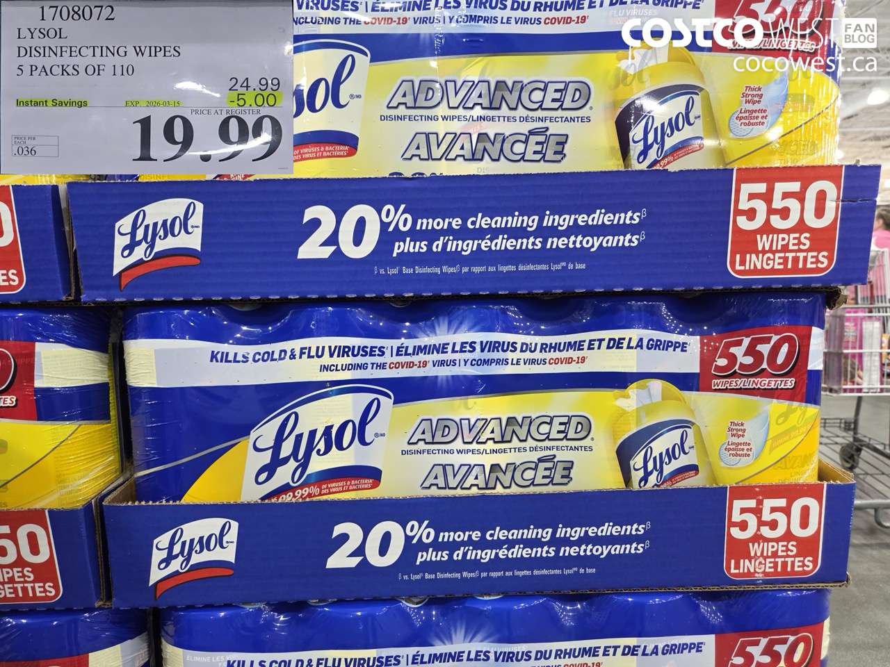 1708072 LYSOL DISINFECTING WIPES 5 PACKS OF 110 ($5.00 INSTANT SAVINGS EXPIRES ON 2026-03-15) $19.99