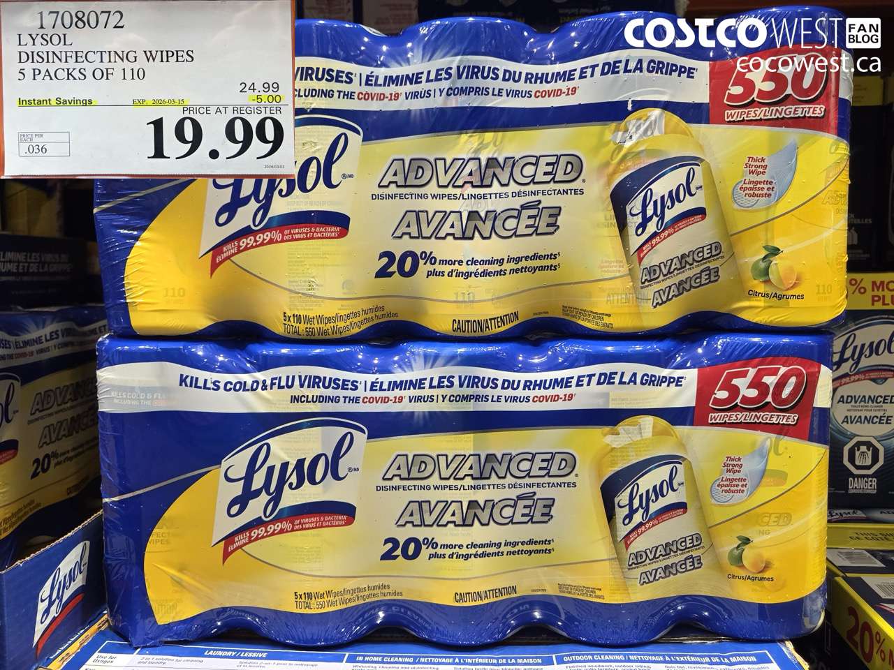 1708072 LYSOL DISINFECTING WIPES 5 PACKS OF 110 ($5.00 INSTANT SAVINGS EXPIRES ON 2026-03-15) $19.99