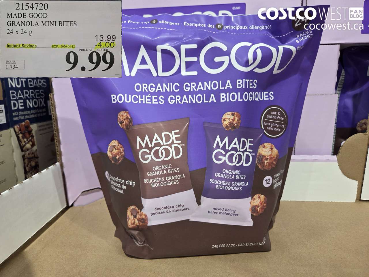 2154720 MADE GOOD GRANOLA MINI BITES 24 X 24 G ($4.00 INSTANT SAVINGS EXPIRES ON 2026-04-12) $9.99