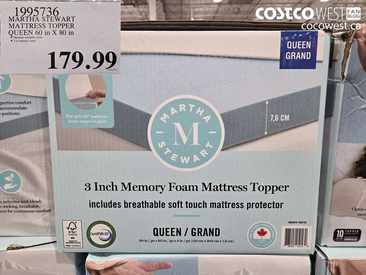 195736 MARTHA STEWART MATTRESS TOPPER QUEEN 60 IN X 80 IN $179.99