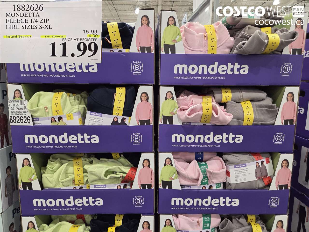 1882626 MONDETTA FLEECE 1/4 ZIP GIRL SIZES S-XL ($4.00 INSTANT SAVINGS EXPIRES ON 2026-03-15) $11.99