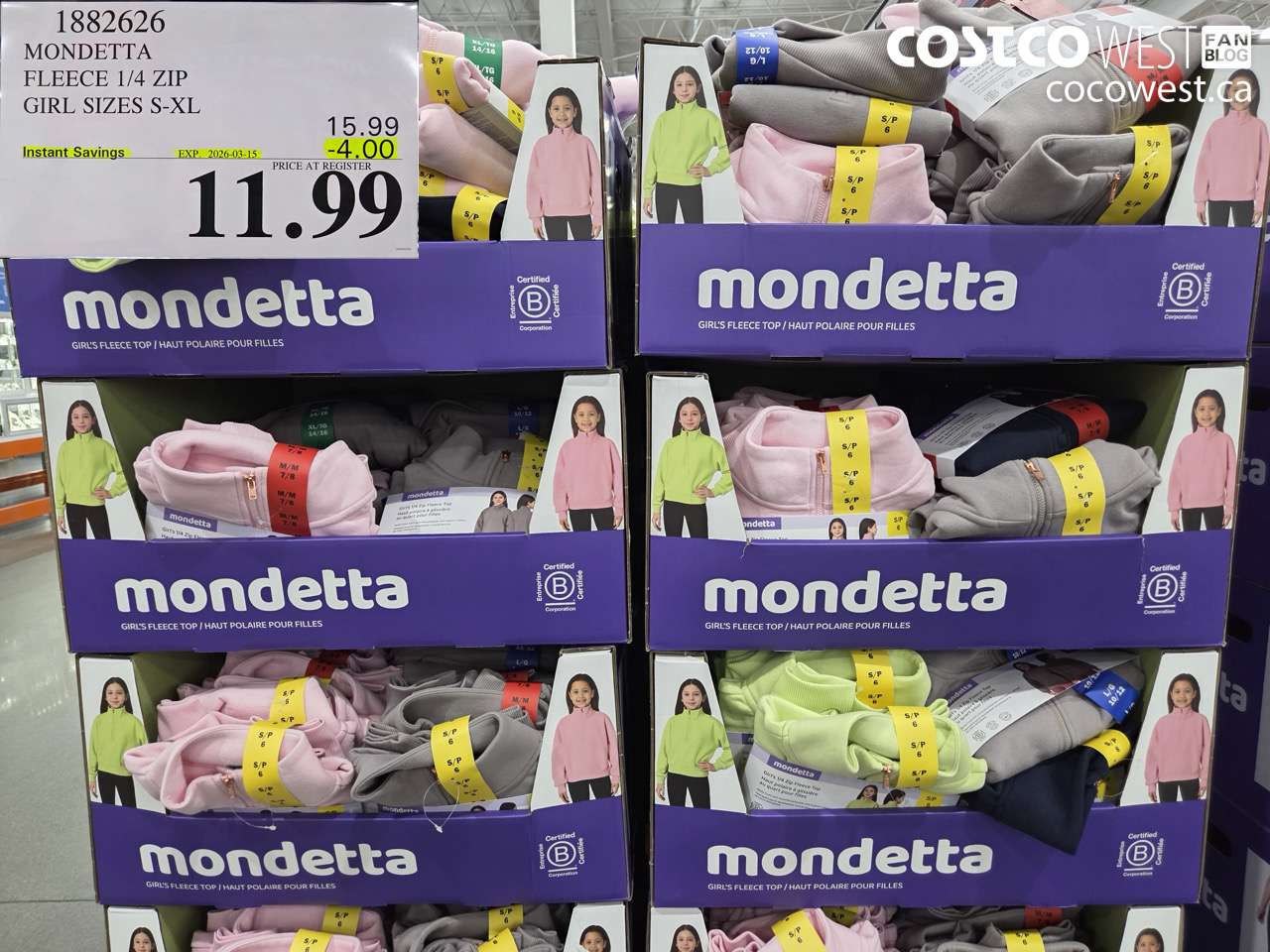 1882626 MONDETTA FLEECE 1/4 ZIP GIRL SIZES S-XL ($4.00 INSTANT SAVINGS EXPIRES ON 2026-03-15) $11.99