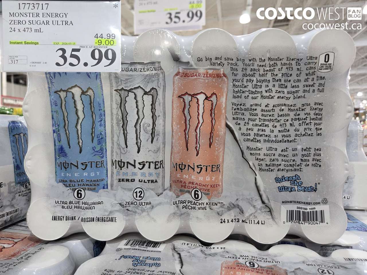 17737117 MONSTER ENERGY ZERO SUGAR ULTRA 24 X 473 ML ($9.00 INSTANT SAVINGS EXPIRES ON 2026-03-15) $35.99