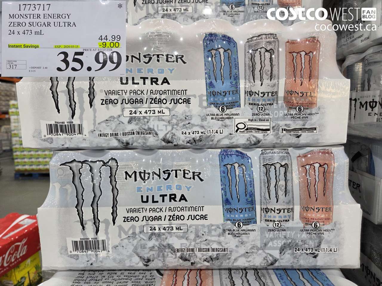 17737117 MONSTER ENERGY ZERO SUGAR ULTRA 24 X 473 ML ($9.00 INSTANT SAVINGS EXPIRES ON 2026-03-15) $35.99