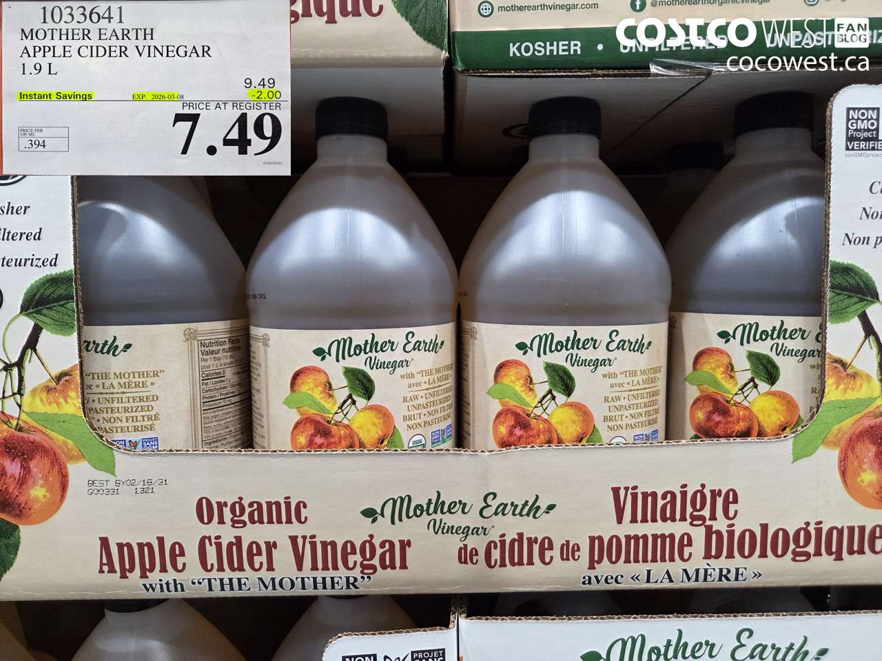 1033641 MOTHER EARTH APPLE CIDER VINEGAR 1.9L ($2.00 INSTANT SAVINGS EXPIRES ON 2026-03-08) $7.49