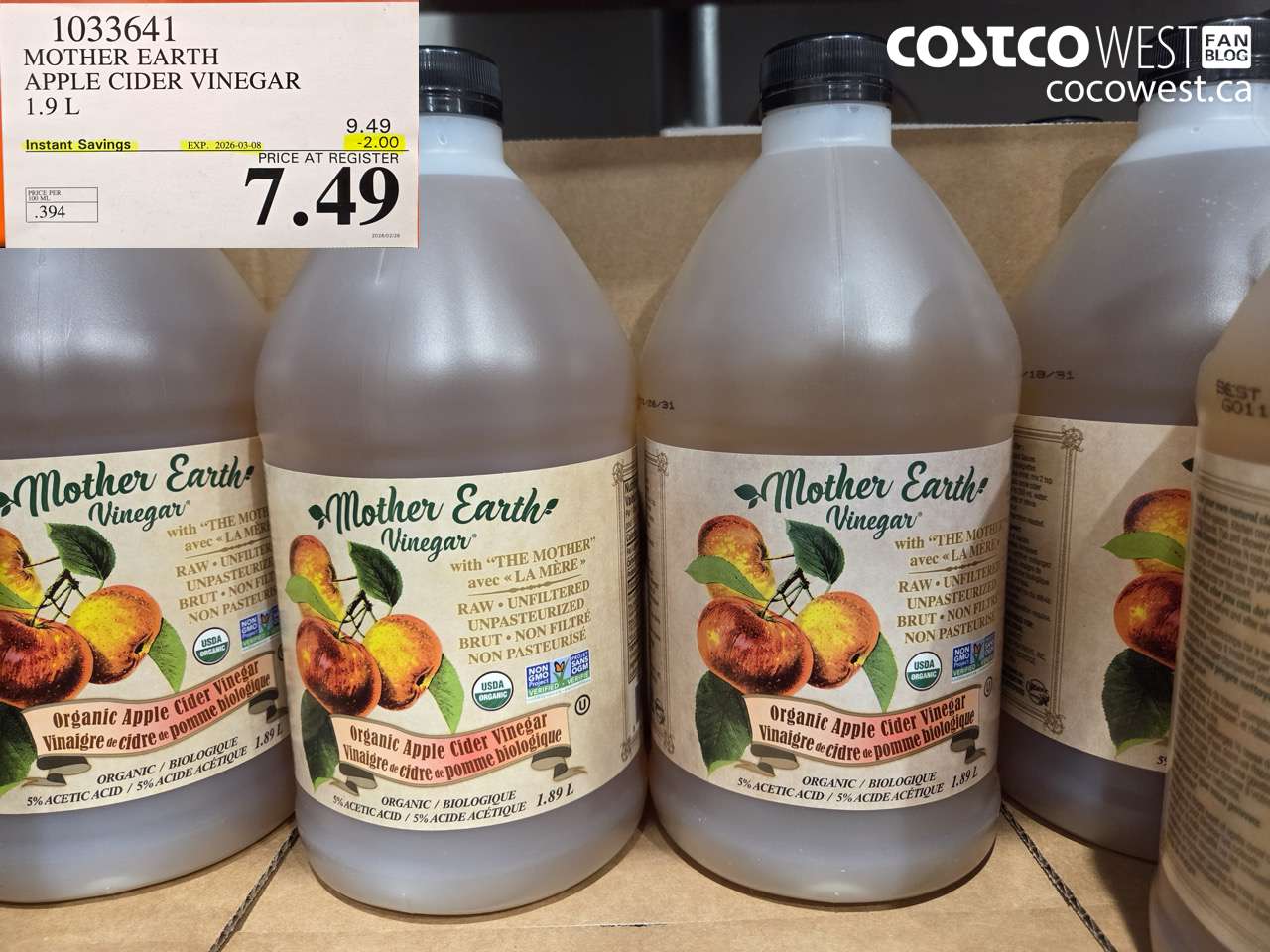 1033641 MOTHER EARTH APPLE CIDER VINEGAR 1.9 L ($2.00 INSTANT SAVINGS EXPIRES ON 2026-03-08) $7.49