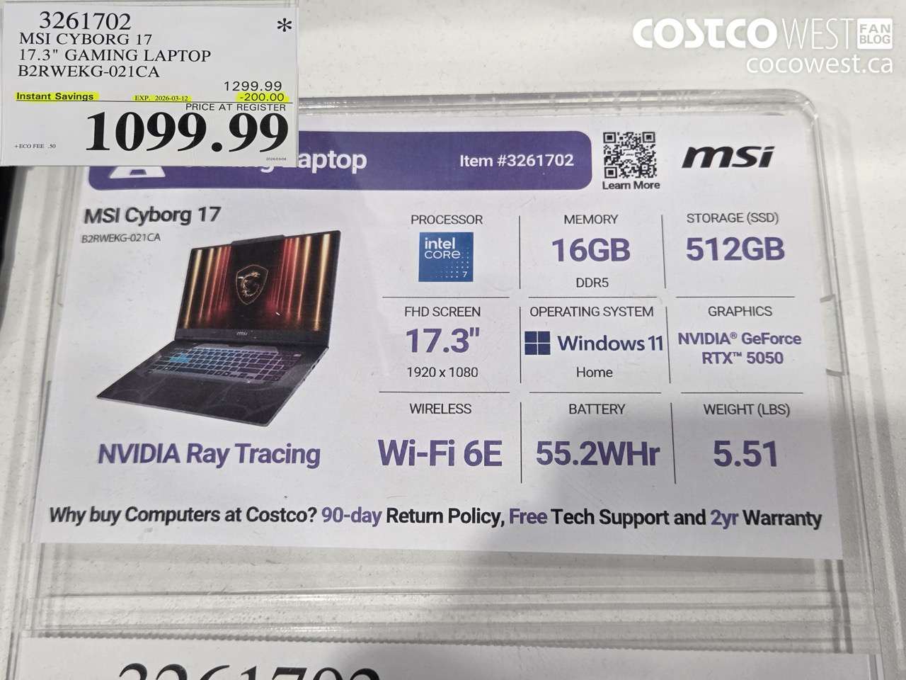 3261702 MSI CYBORG 17 17.3 GAMING LAPTOP B2RWEKG-021CA ($200.00 INSTANT SAVINGS EXPIRES ON 2026-03-12) $1099.99