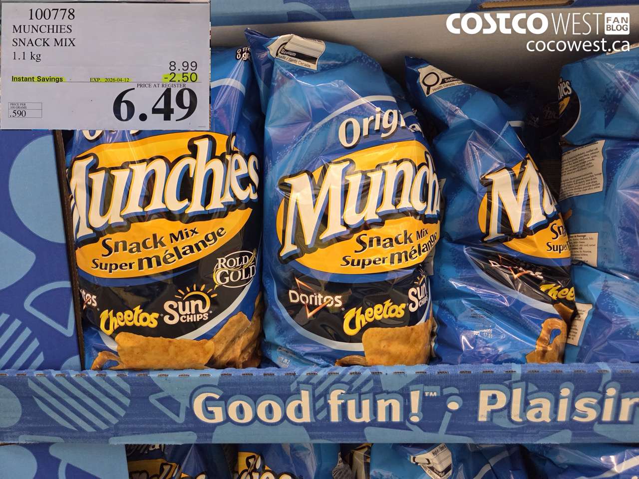 100778 MUNCHIES SNACK MIX 1.1 KG ($2.50 INSTANT SAVINGS EXPIRES ON 2026-04-12) $6.49