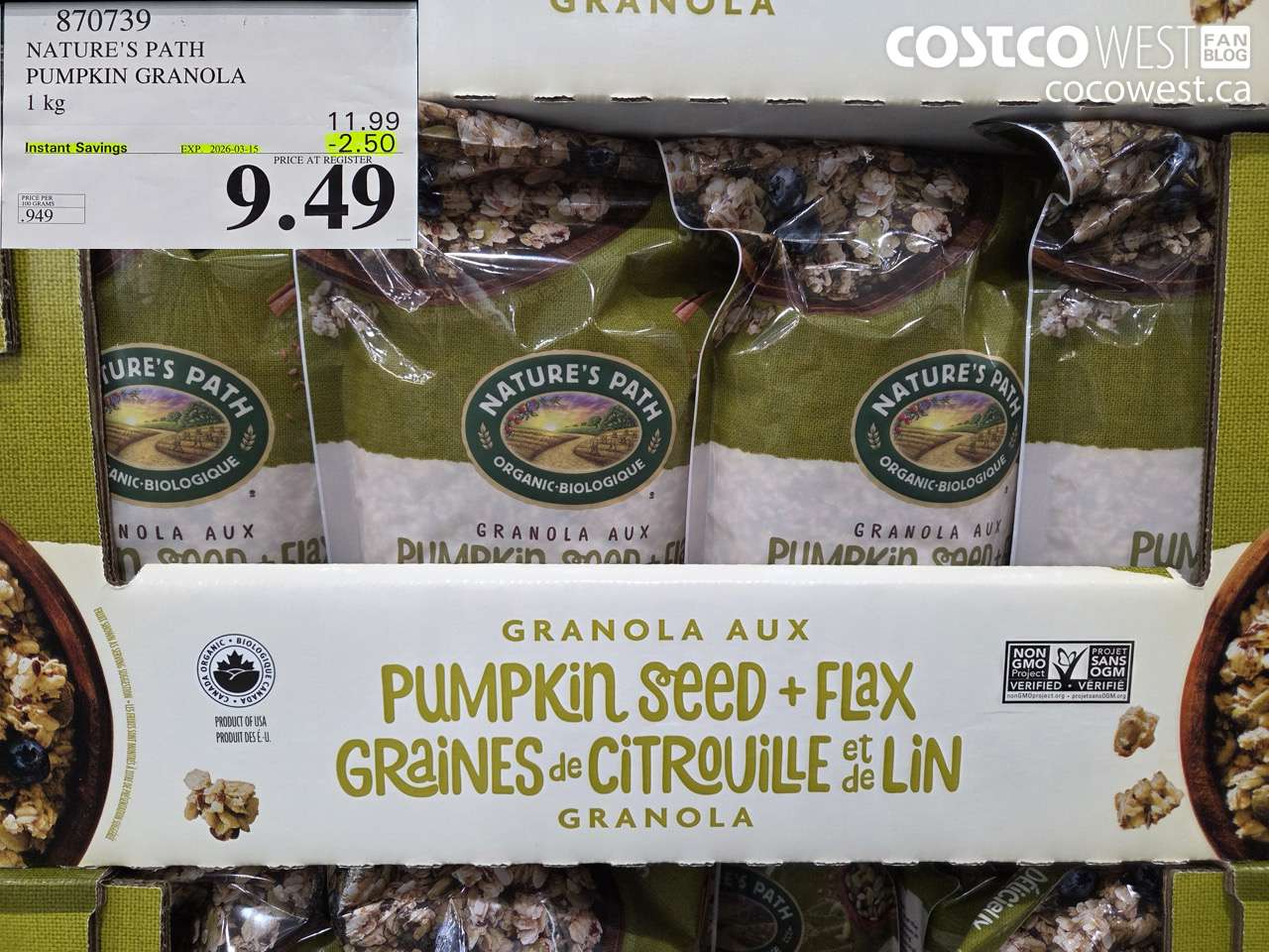870739 NATURE'S PATH PUMPKIN GRANOLA 1 KG ($2.50 INSTANT SAVINGS EXPIRES ON 2026-03-15) $9.49