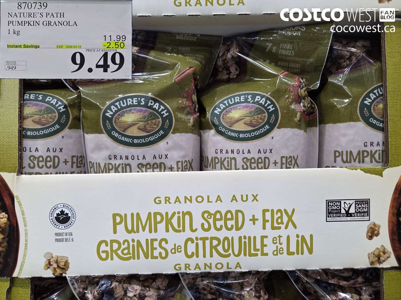 870739 NATURE'S PATH PUMPKIN GRANOLA 1 KG ($2.50 INSTANT SAVINGS EXPIRES ON 2026-03-15) $9.49