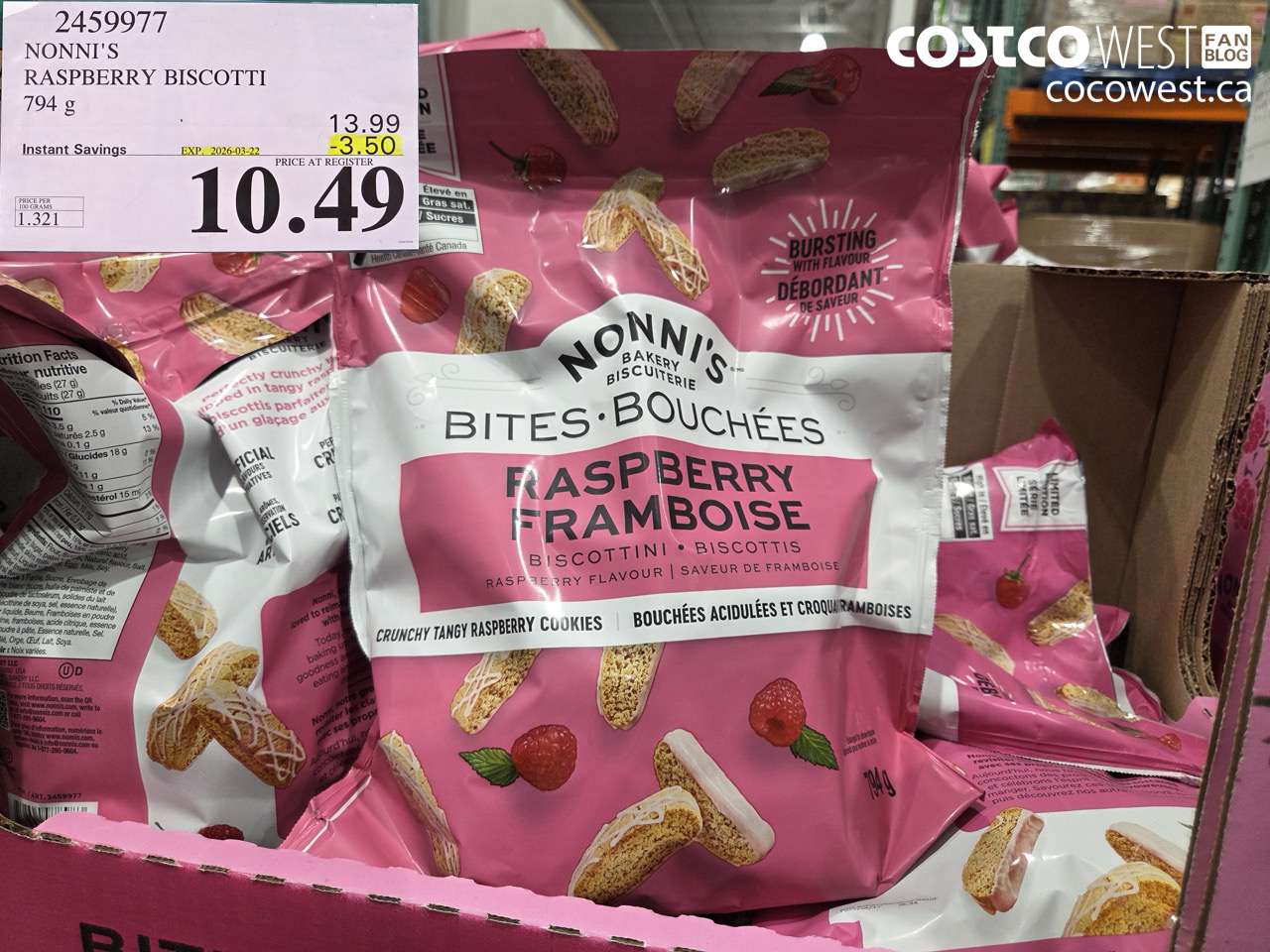2459977 NONNI'S RASPBERRY BISCOTTI 794 G ($3.50 INSTANT SAVINGS EXPIRES ON 2026-03-22) $10.49