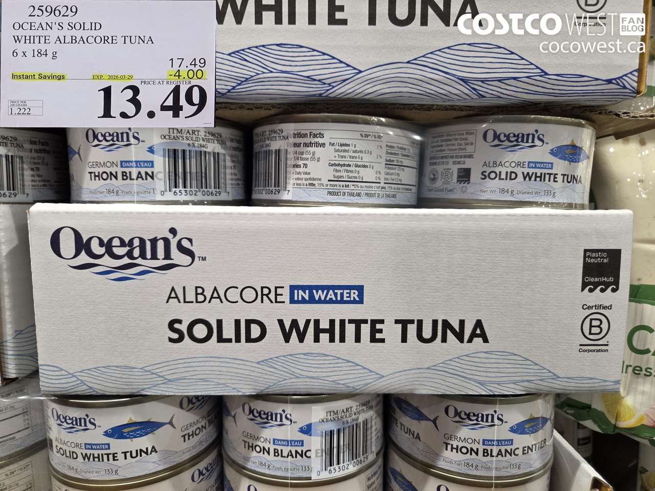 259629 OCEAN'S SOLID WHITE ALBACORE TUNA 6 X 184 G ($4.00 INSTANT SAVINGS EXPIRES ON 2026-03-29) $13.49